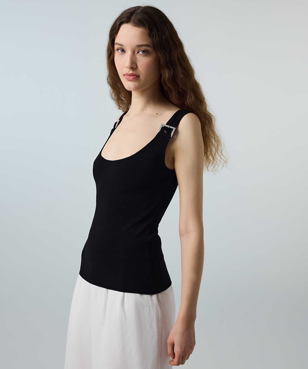 Knit Top with Rhinestone Buckles