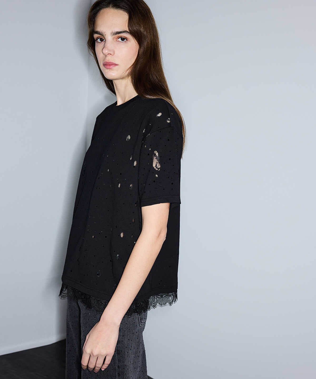 Distressed-Effect Mixed T-Shirt