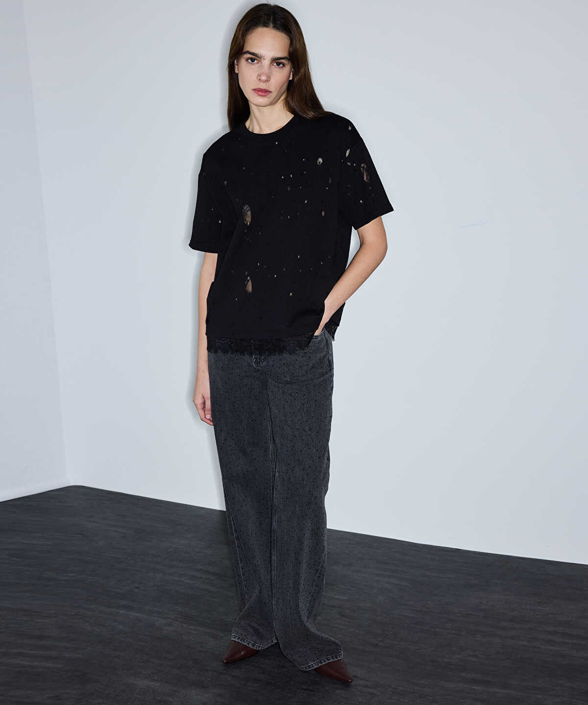 Distressed-Effect Mixed T-Shirt