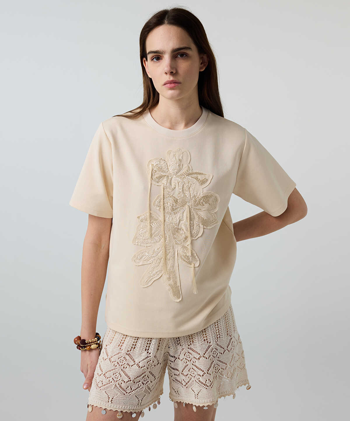 Embroidered T-Shirt with Fringes