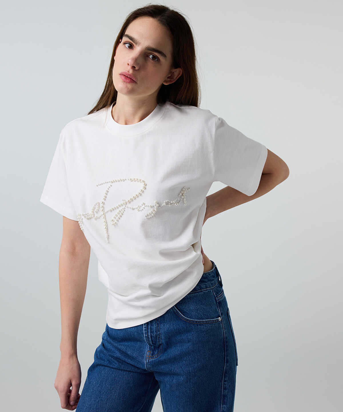 T-Shirt with Faux Pearl Embellishments