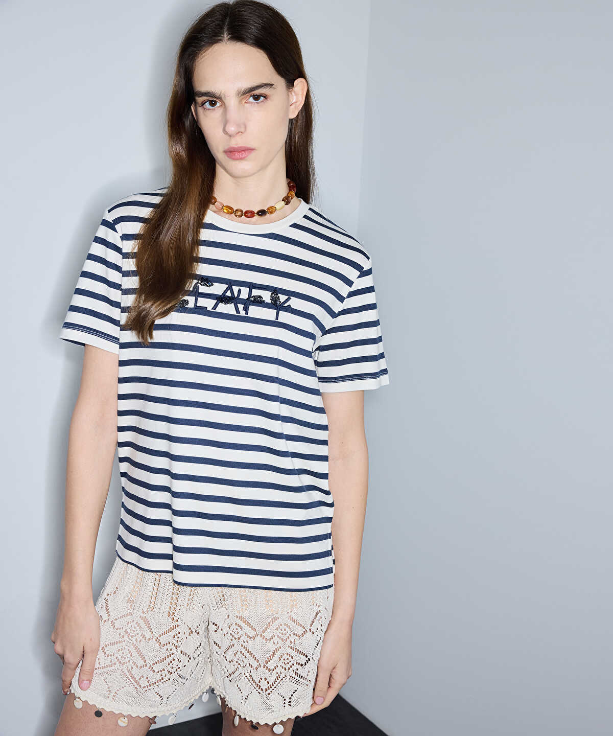 Striped T-Shirt with Slogan Embroidery