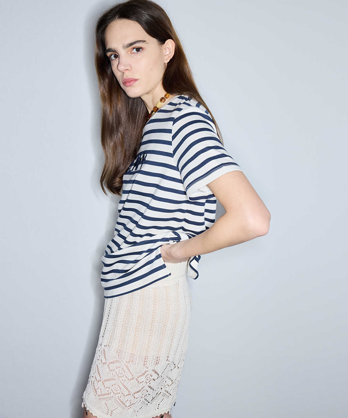 Striped T-Shirt with Slogan Embroidery