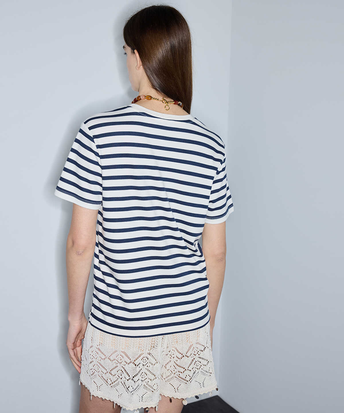 Striped T-Shirt with Slogan Embroidery
