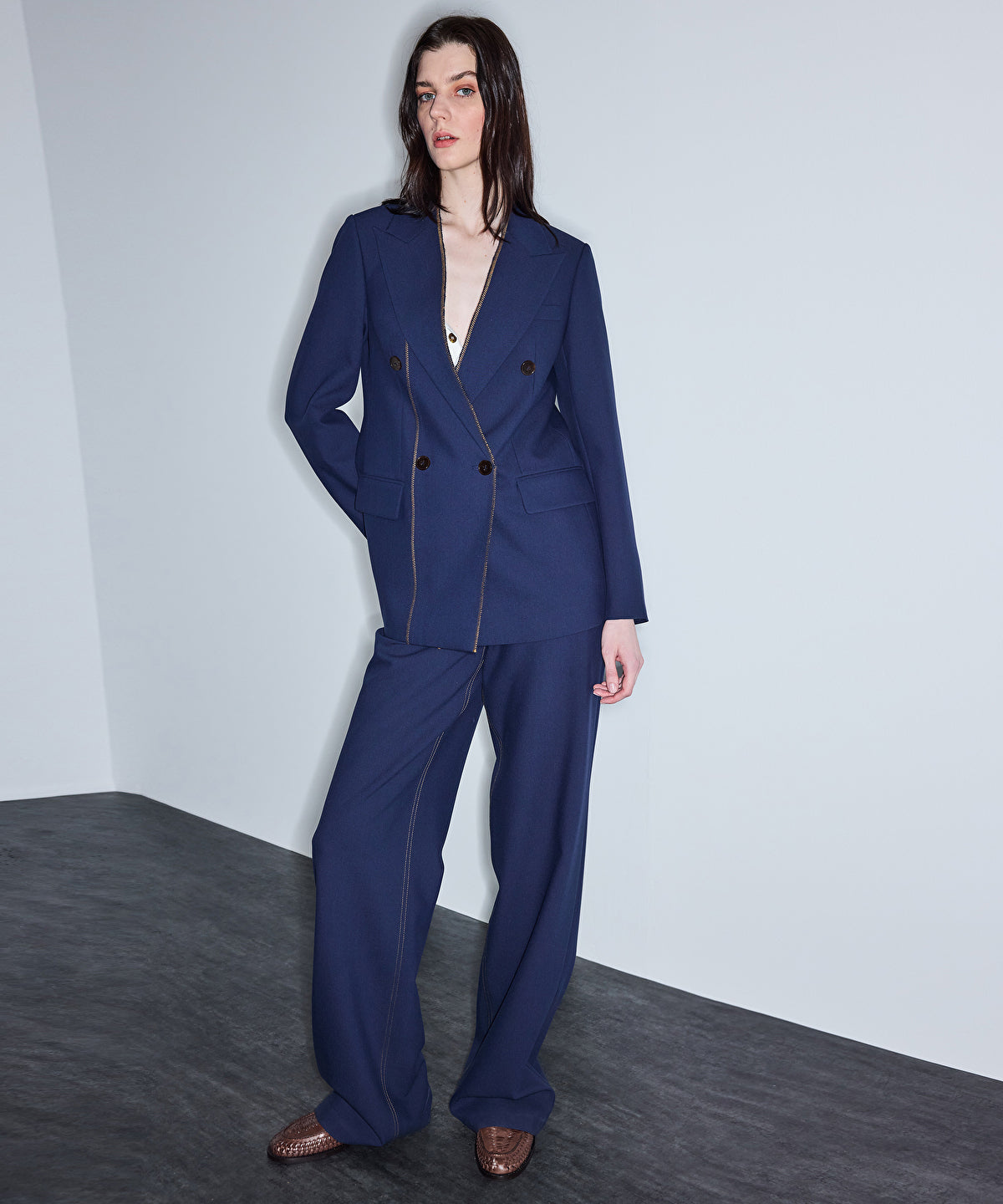 Contrast Stitch Double-Breasted Blazer