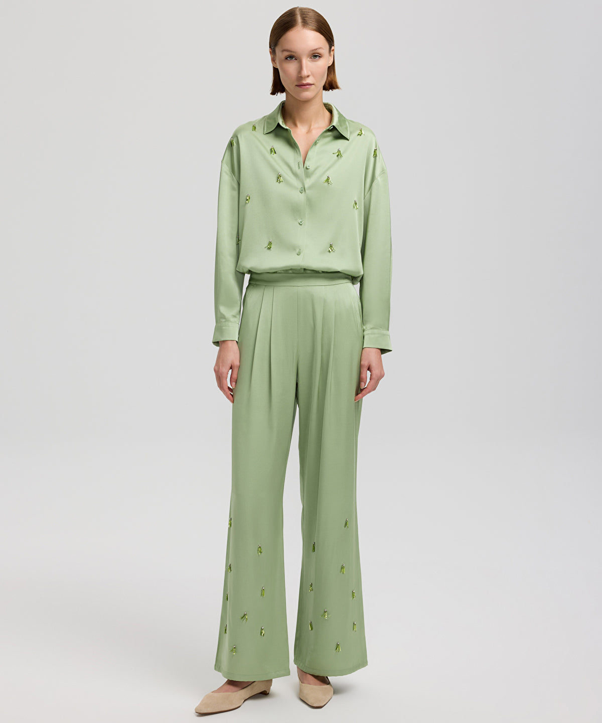 Zoomed Embroidered Wide-Leg Trousers