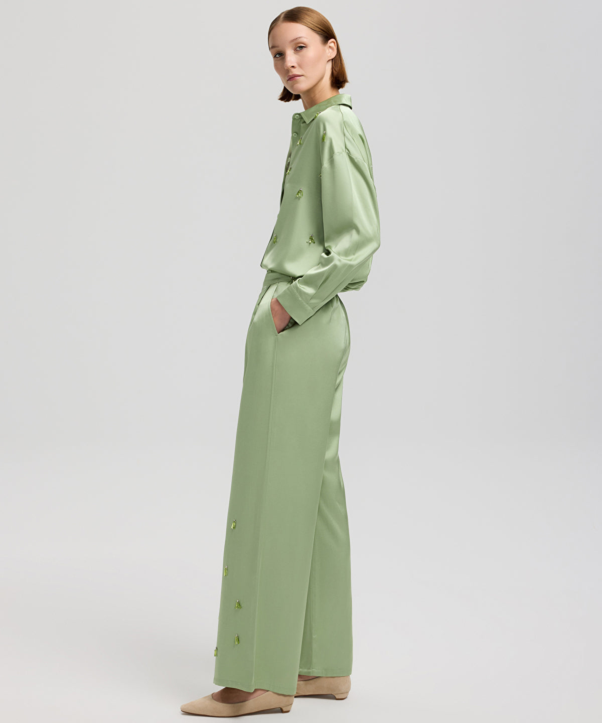 Embroidered Wide-Leg Trousers