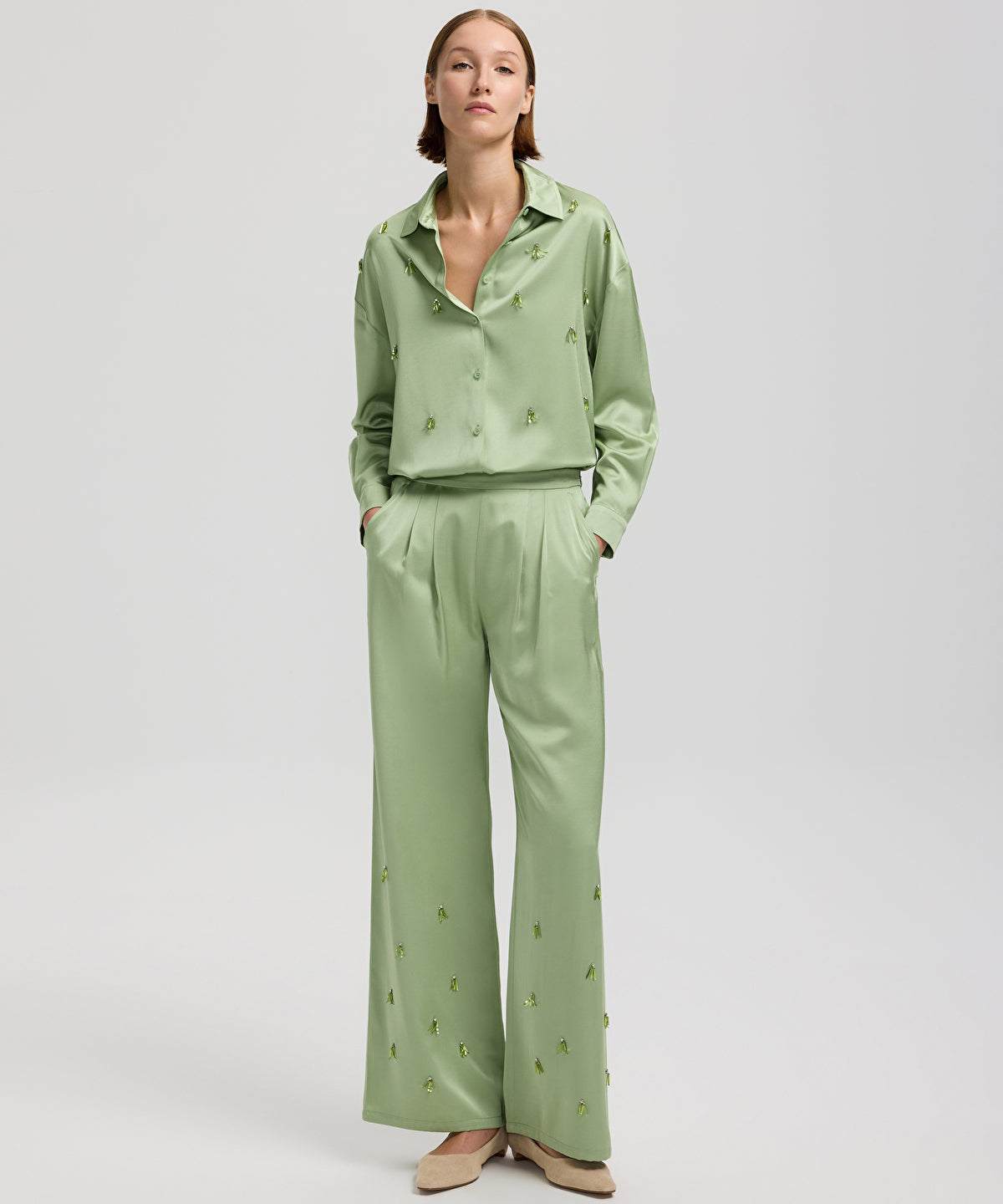 Embroidered Wide-Leg Trousers