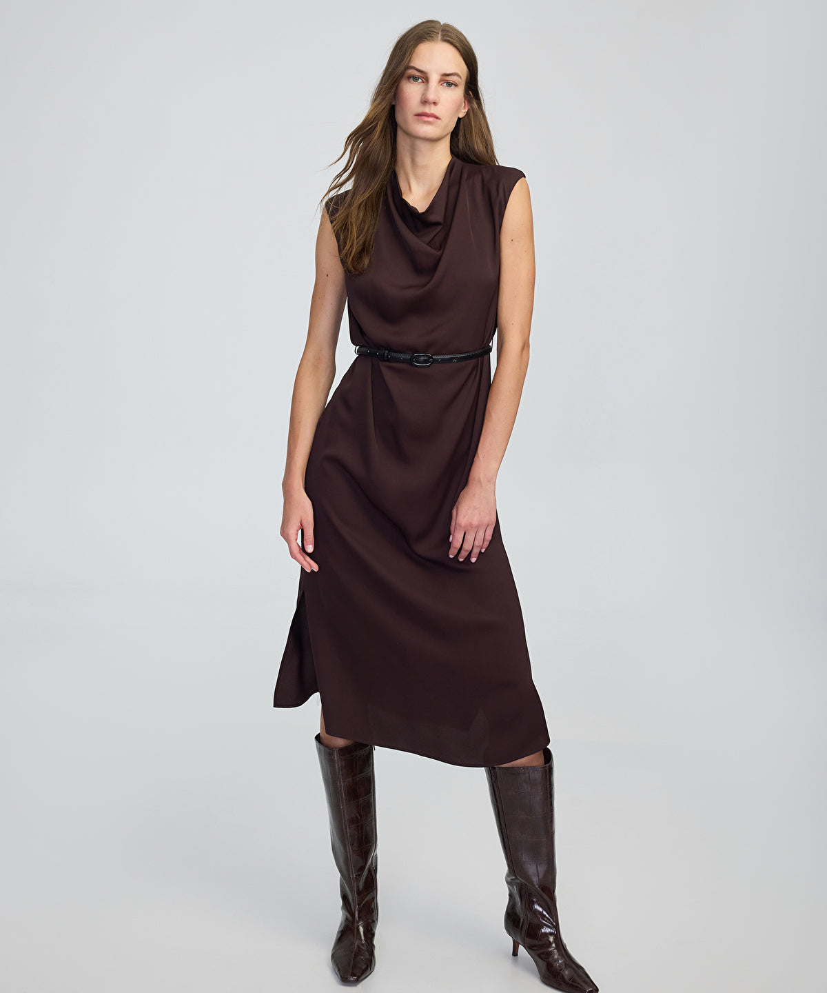 Gold-Buckle Belted Midi Dress