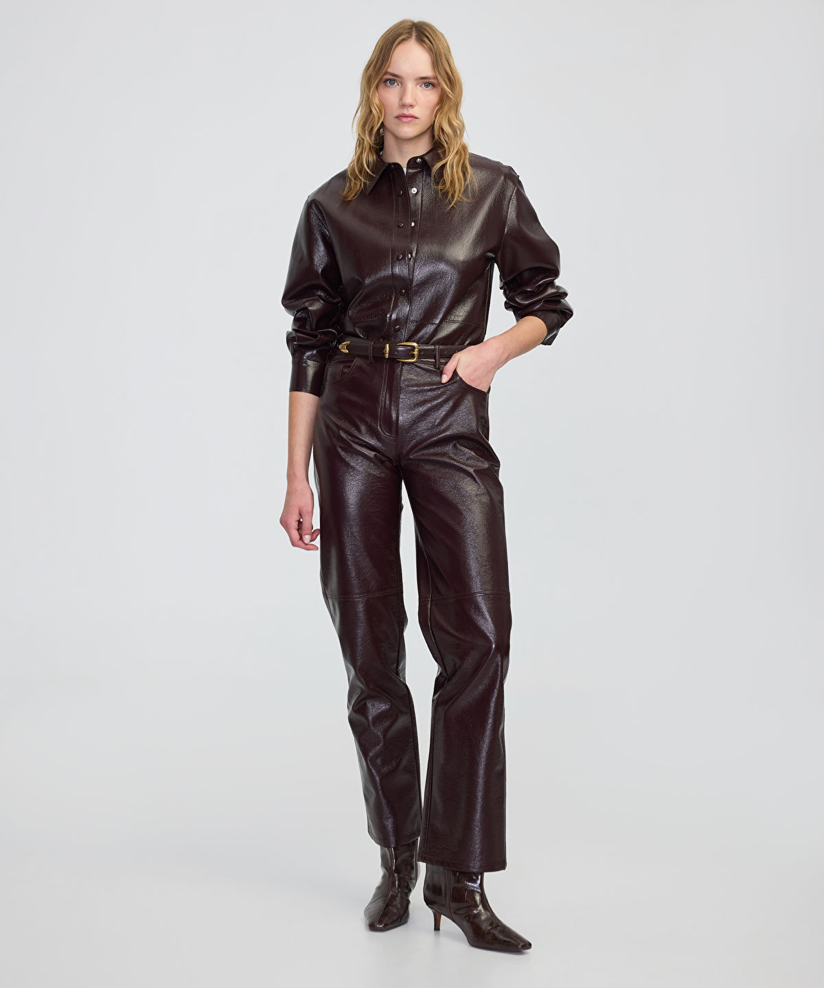 Faux Patent Leather Straight-Leg Trousers