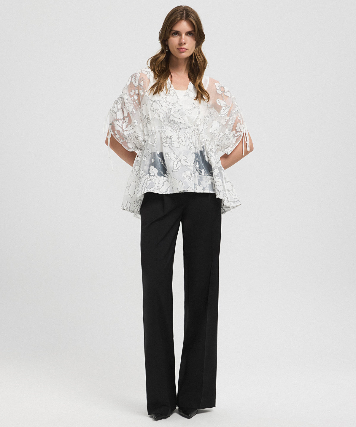 Jacquard Blouse with Puff Sleeves