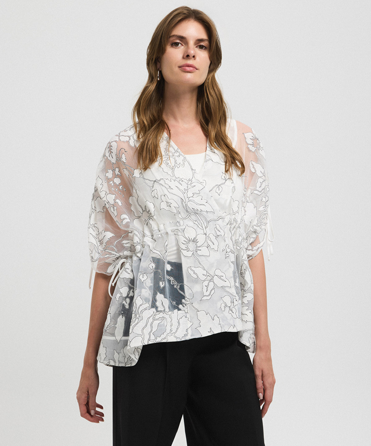 Jacquard Blouse with Puff Sleeves