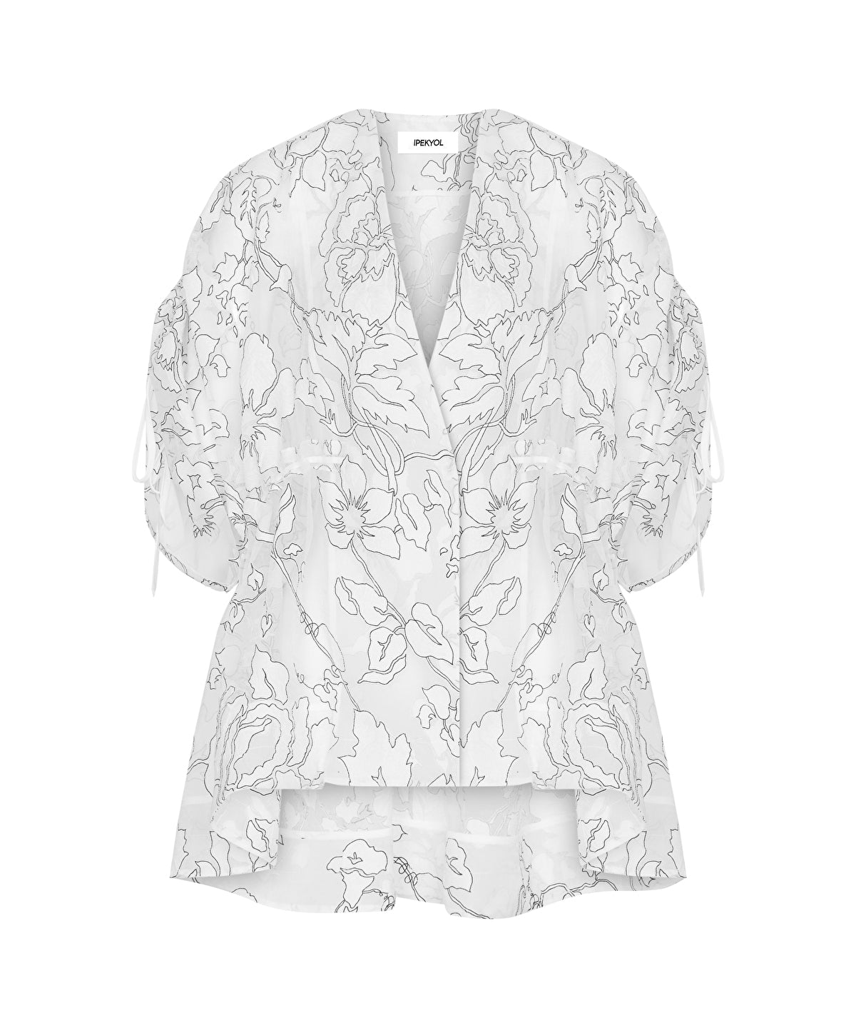 Jacquard Blouse with Puff Sleeves