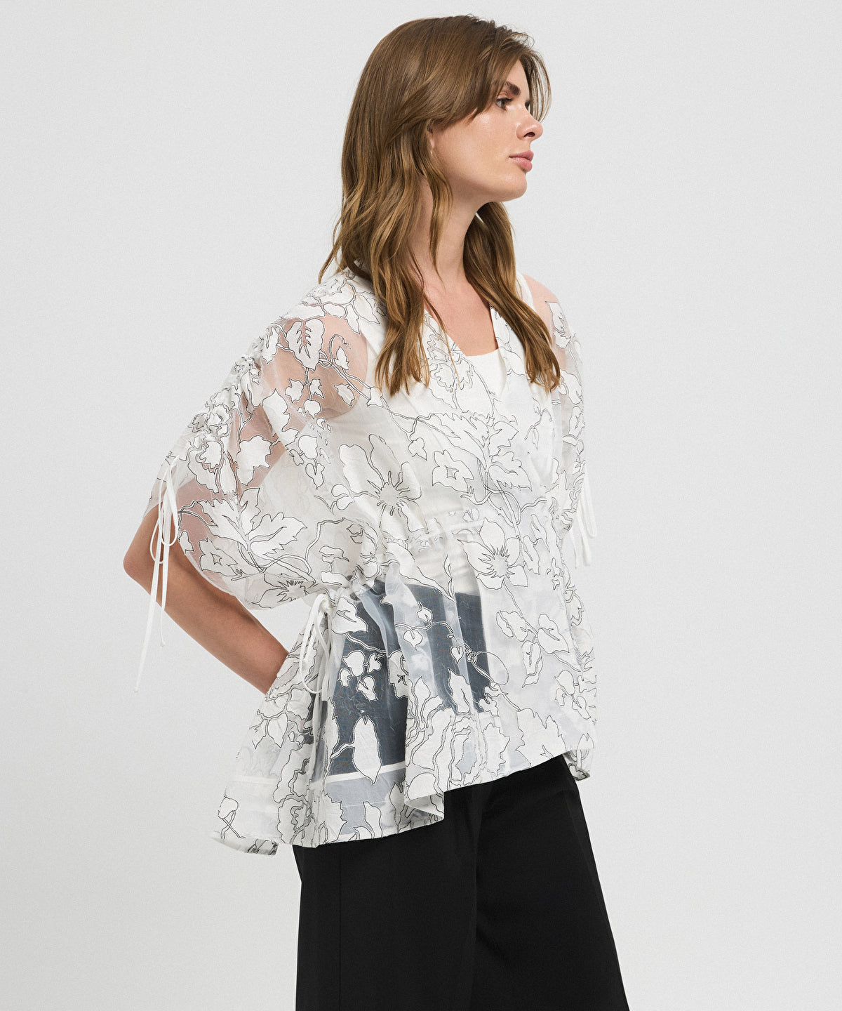Jacquard Blouse with Puff Sleeves