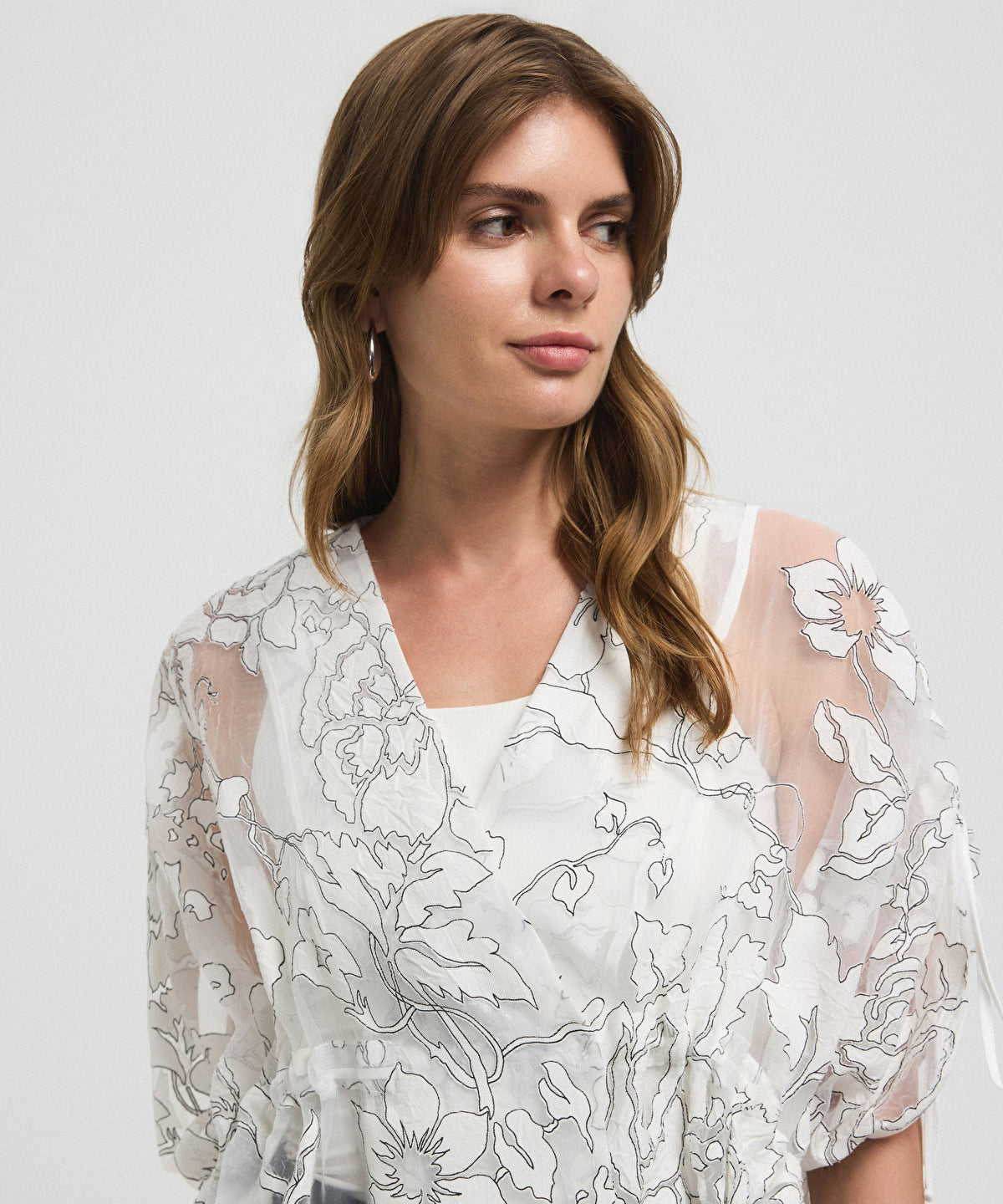 Jacquard Blouse with Puff Sleeves