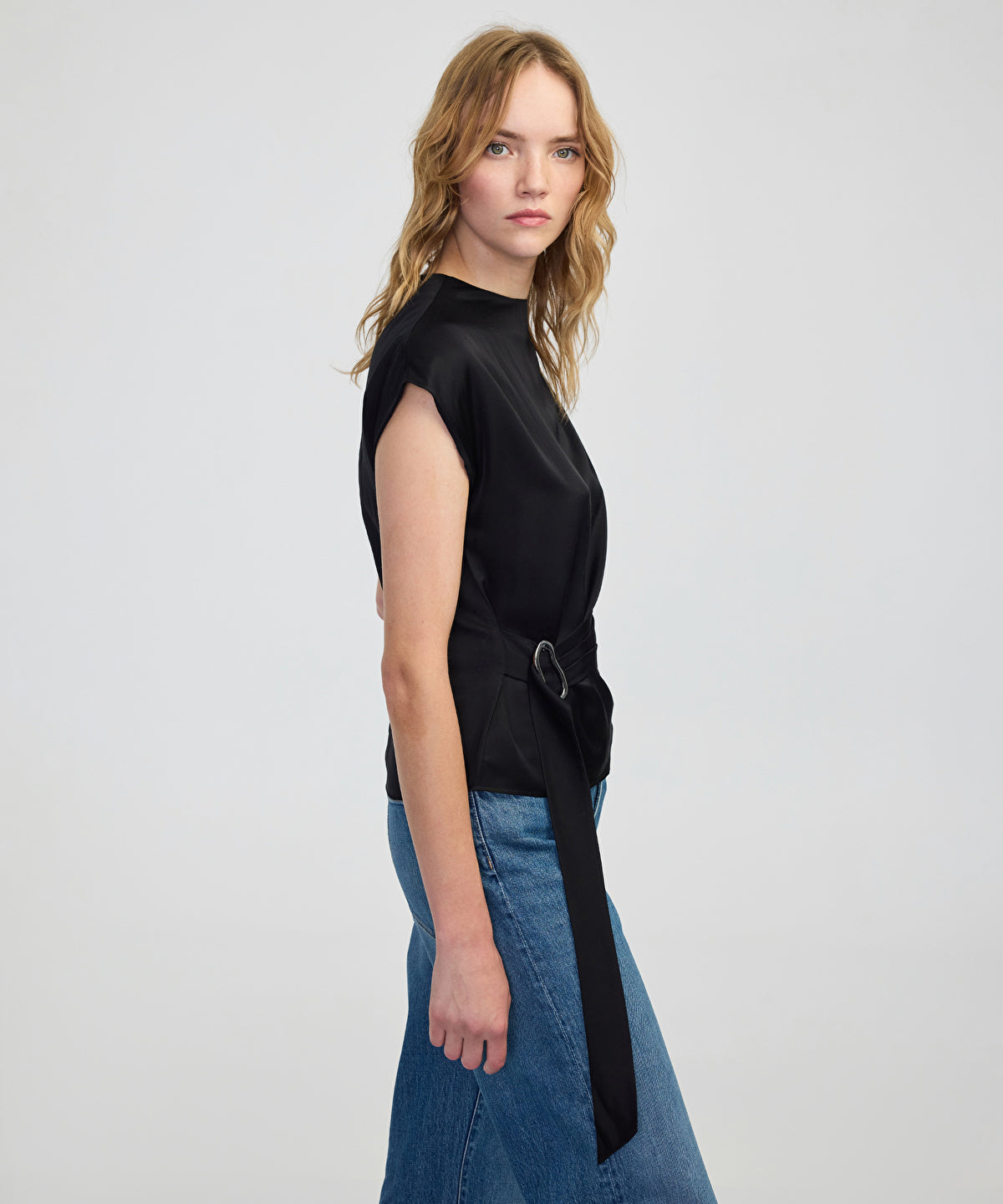 Satin-Effect Belted Blouse