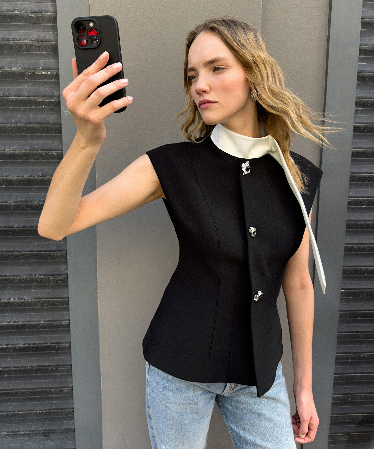 Jewel-Button Color-Block Vest