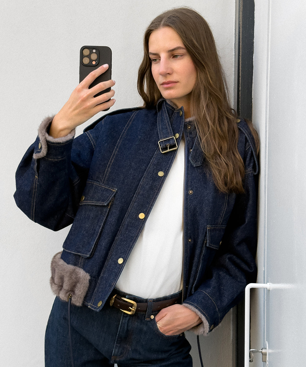 Faux Fur Trim Denim Bomber