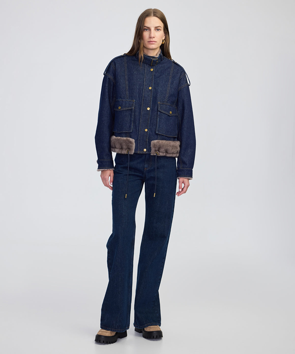 Faux Fur Trim Denim Bomber