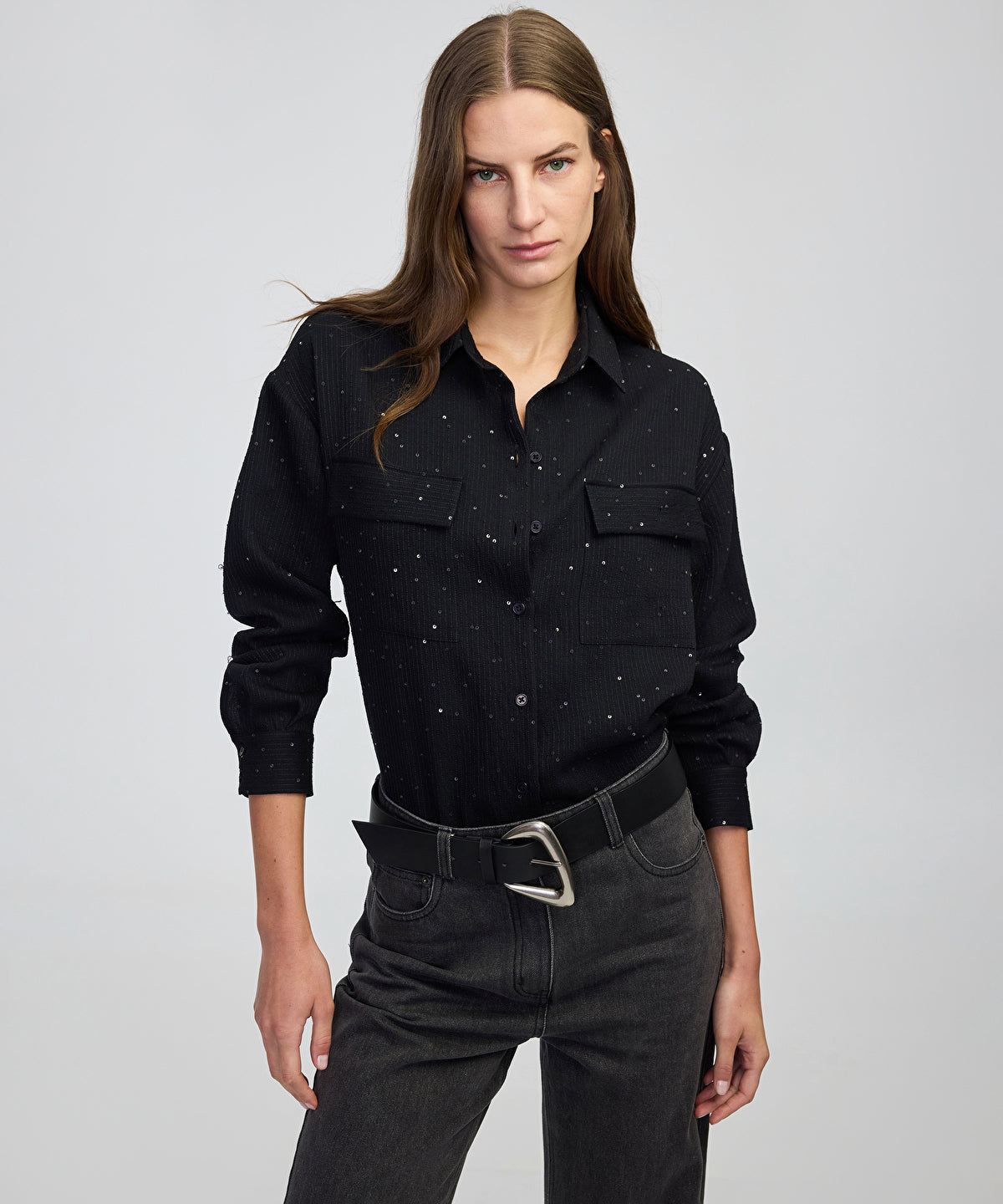 Sequin Embellished Striped Shirt