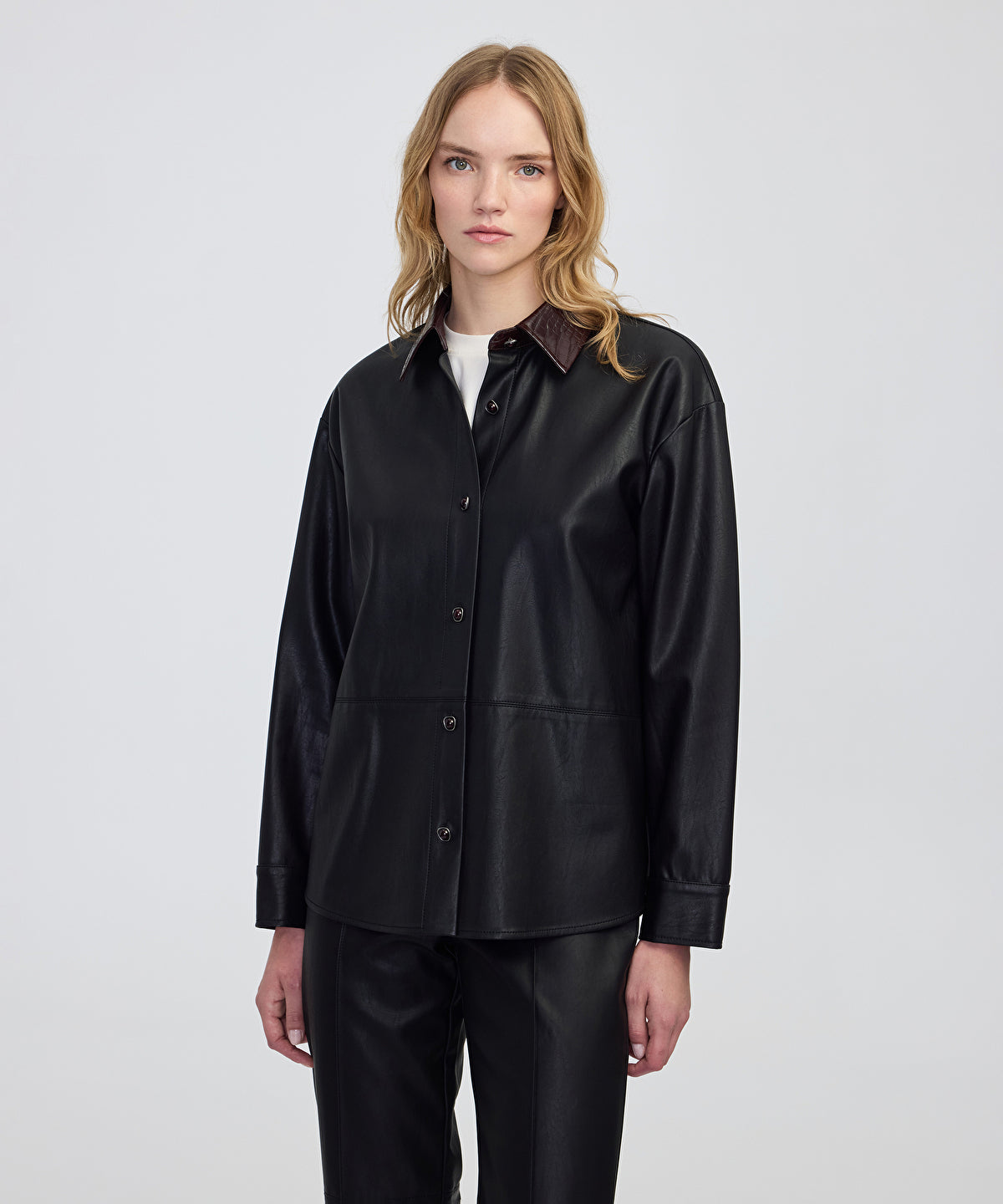 Contrast Collar Leather-Effect Shirt