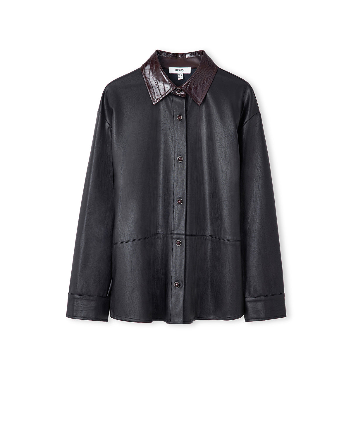 Contrast Collar Leather-Effect Shirt