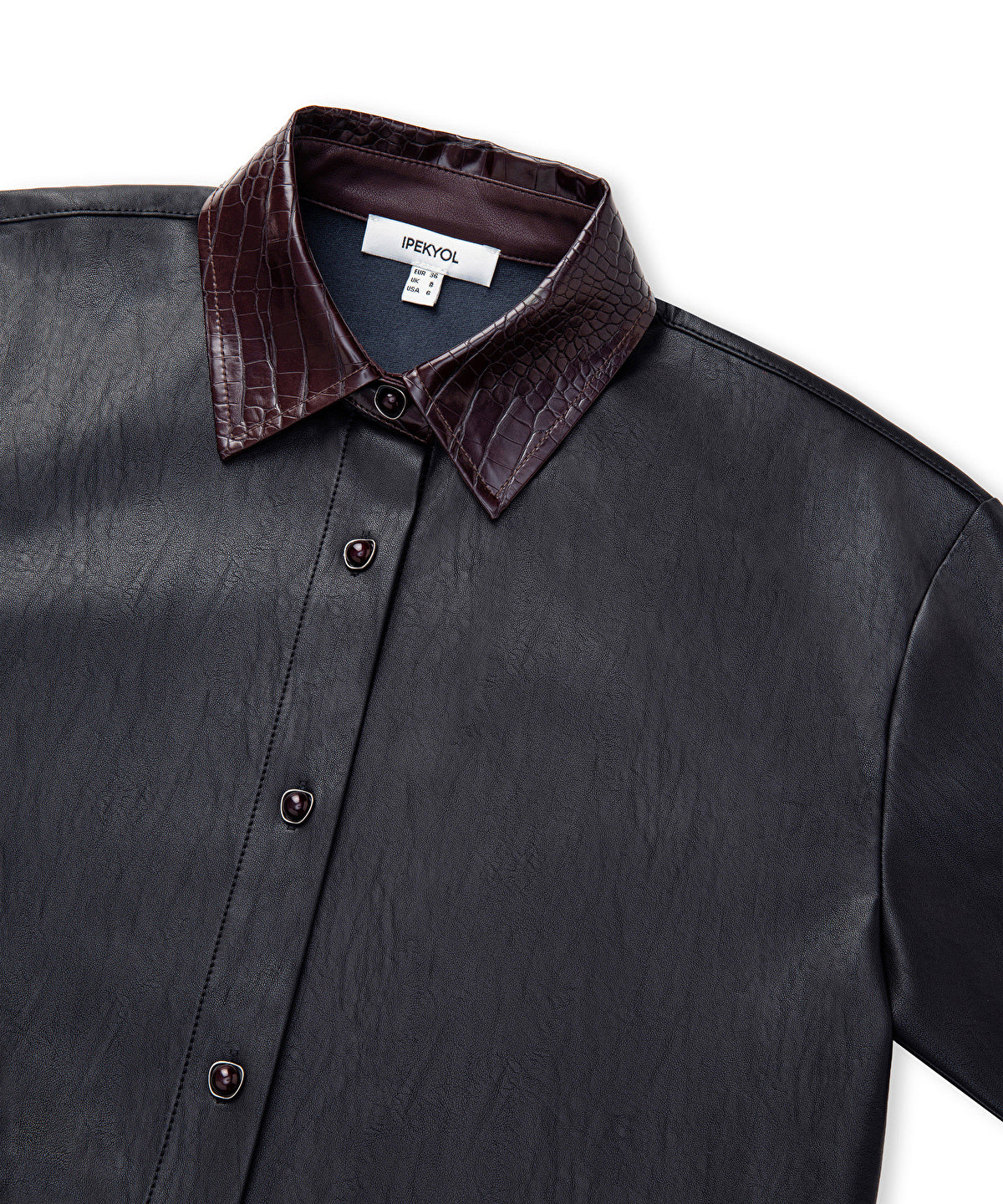Contrast Collar Leather-Effect Shirt