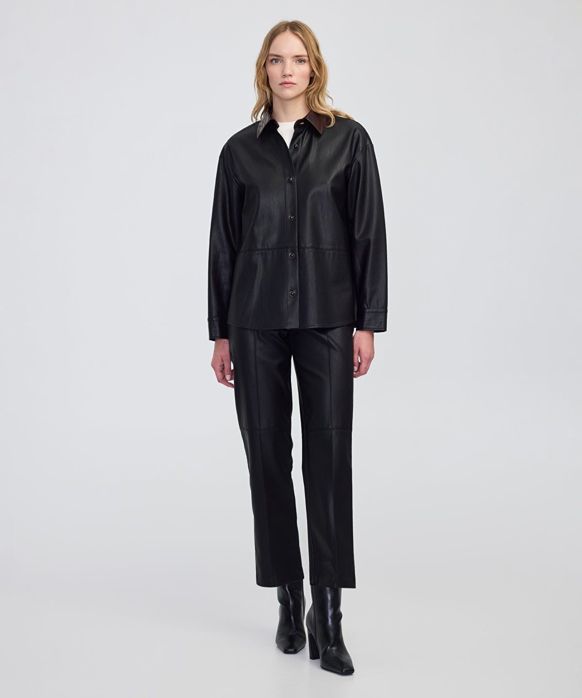 Contrast Collar Leather-Effect Shirt