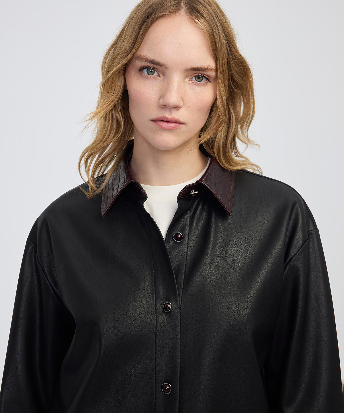 Contrast Collar Leather-Effect Shirt