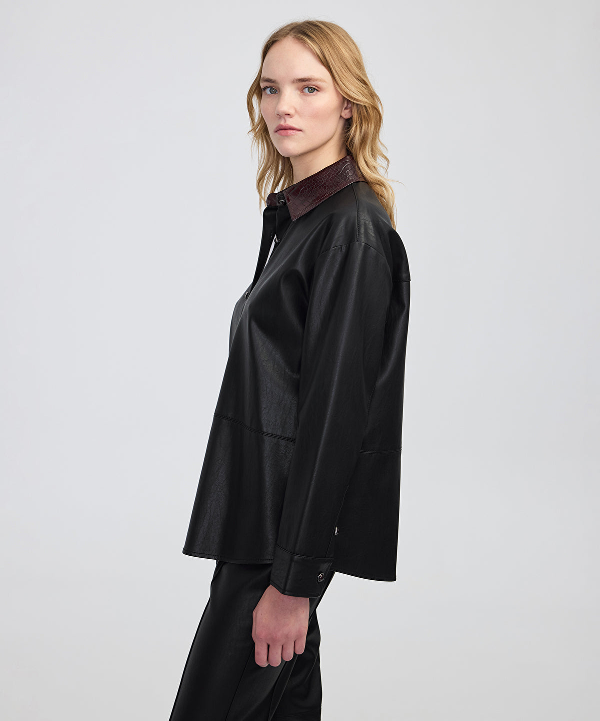 Contrast Collar Leather-Effect Shirt