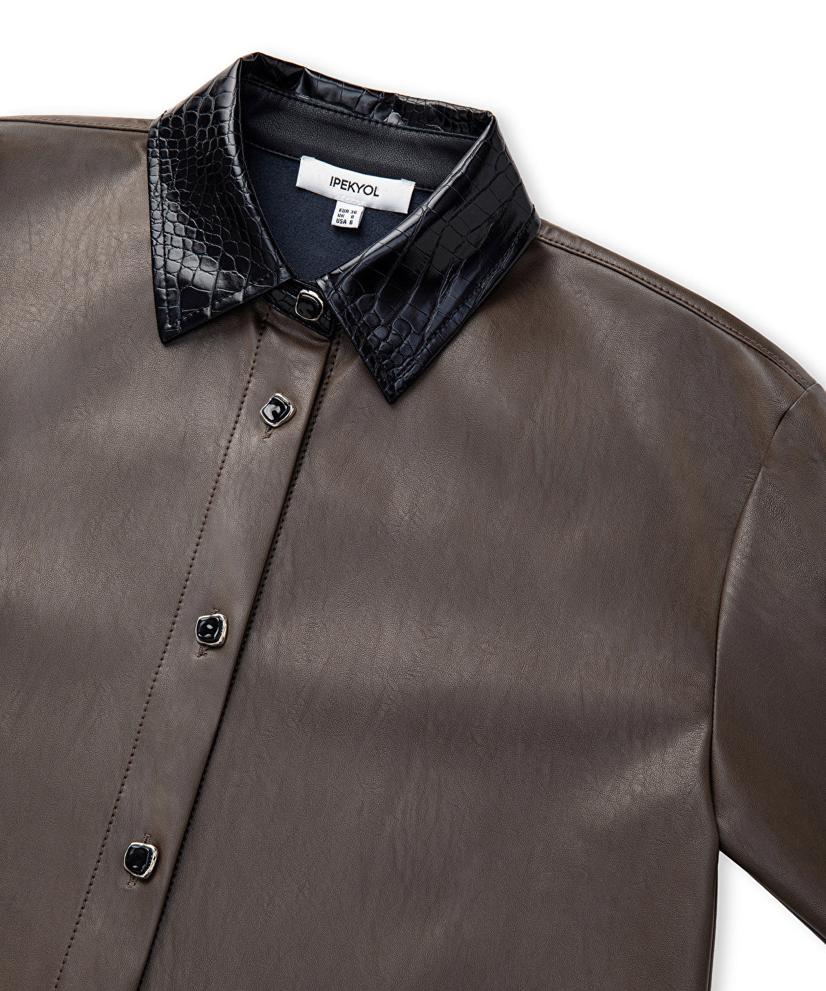 Contrast Collar Leather-Effect Shirt