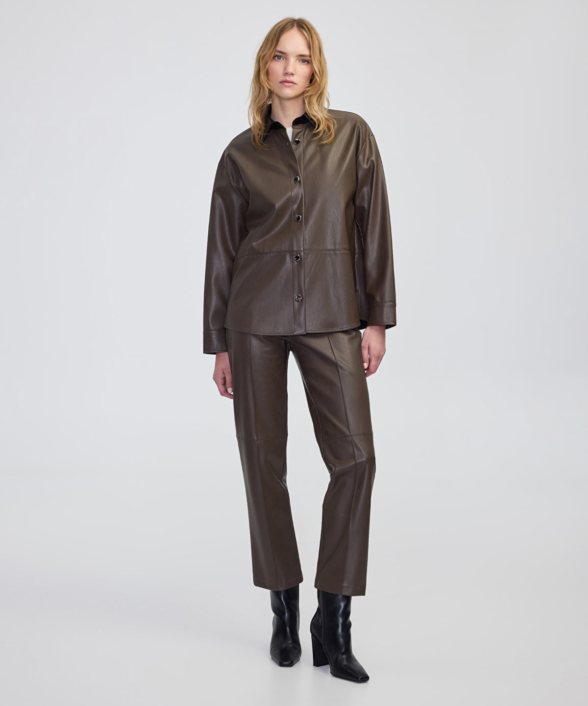 Contrast Collar Leather-Effect Shirt