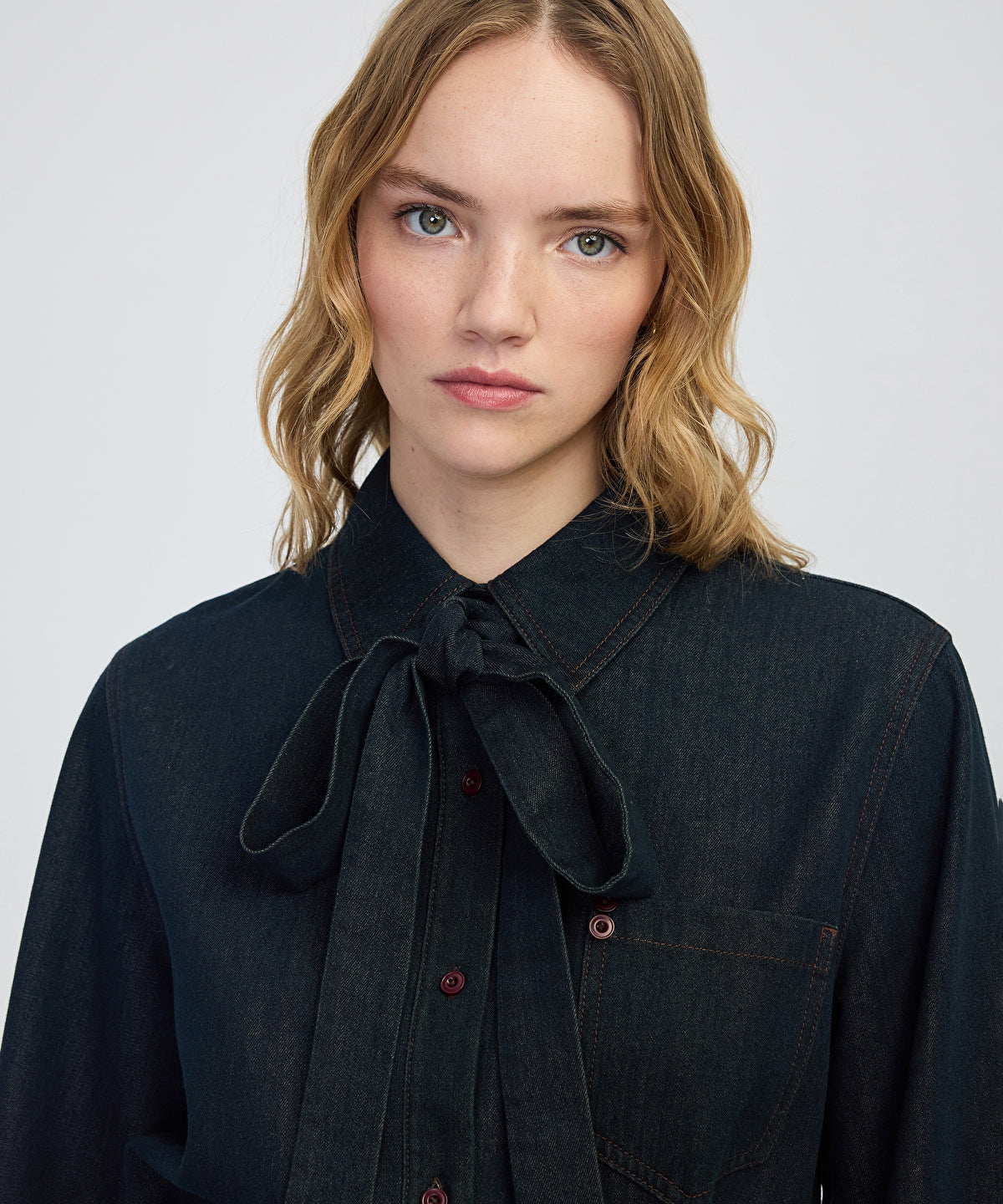 Tie-Neck Denim Shirt