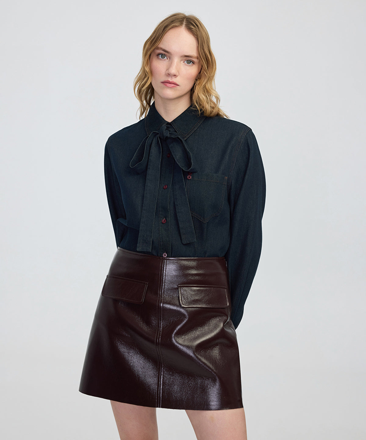 Tie-Neck Denim Shirt