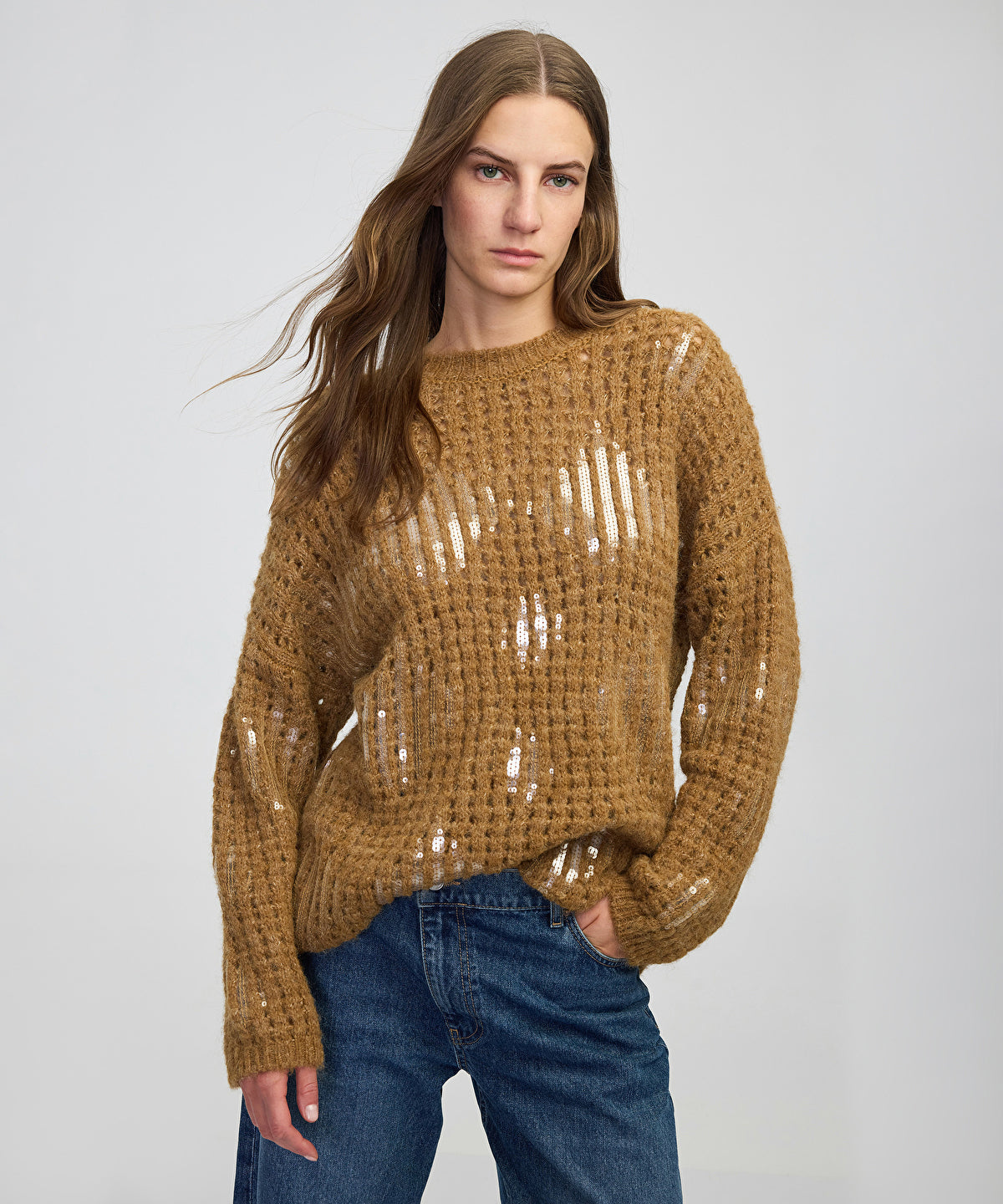 Embellished Openwork Knit Sweater