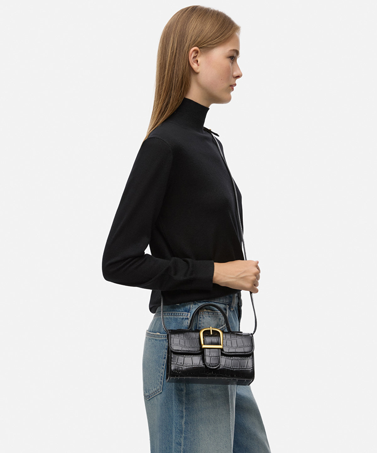 Croc-Effect Metal Buckle Bag