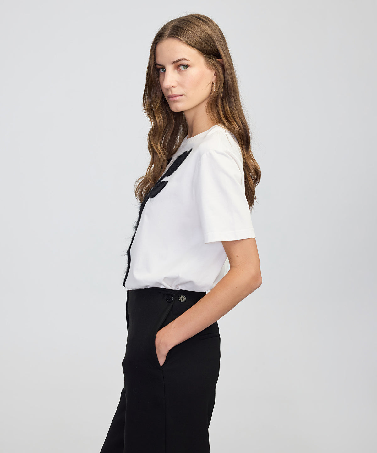 Color-Block T-Shirt with 3D Floral Embellishment