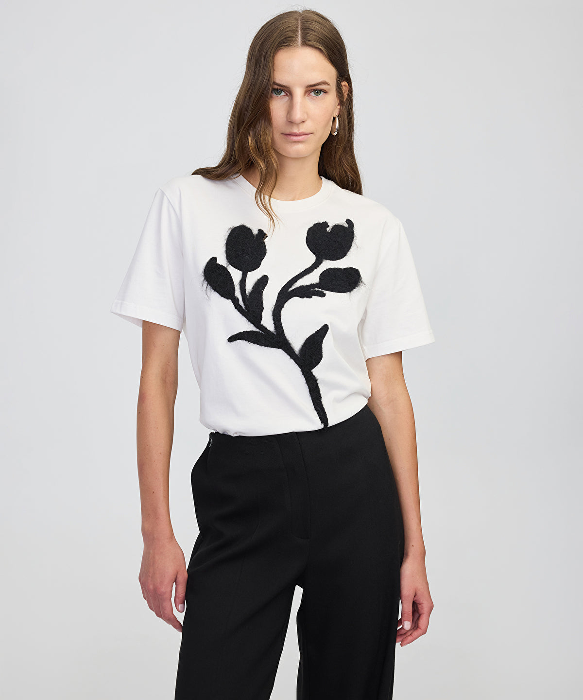 Color-Block T-Shirt with 3D Floral Embellishment