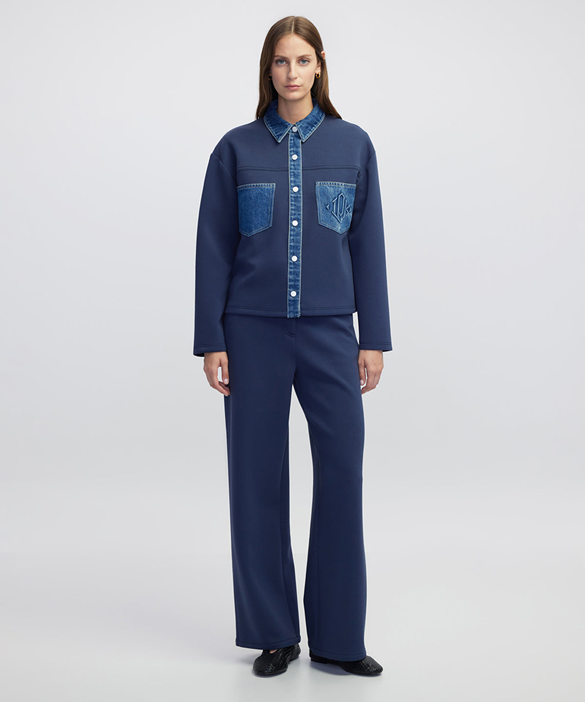 Denim-Trimmed Scuba Sweatshirt