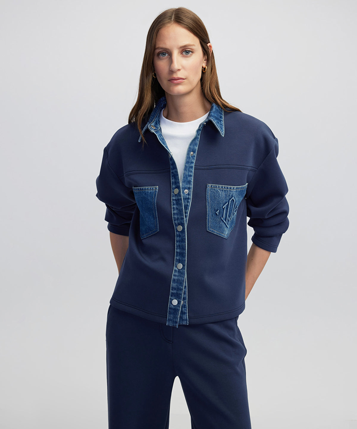 Denim-Trimmed Scuba Sweatshirt