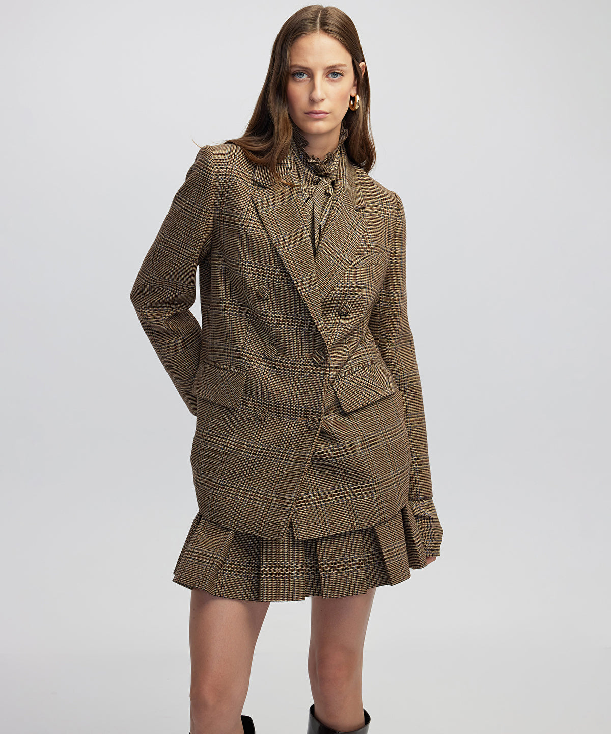 Plaid Blazer with Brooch