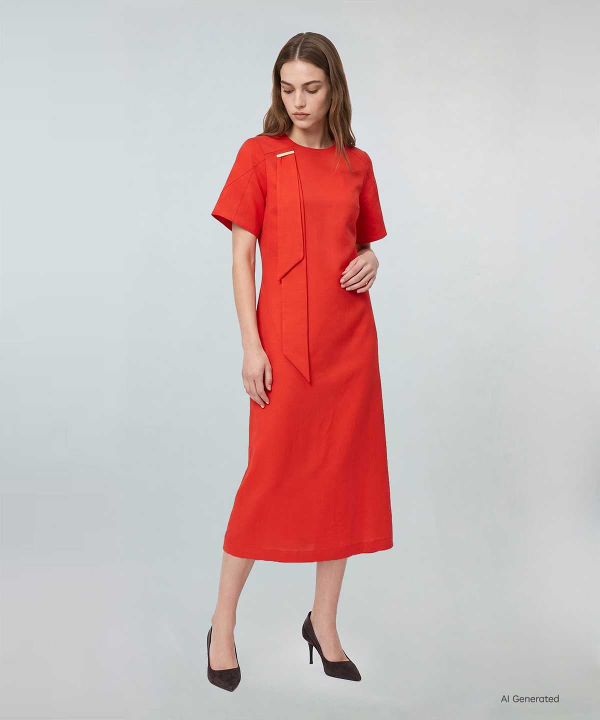 Linen Blend Scarf Neck Dress