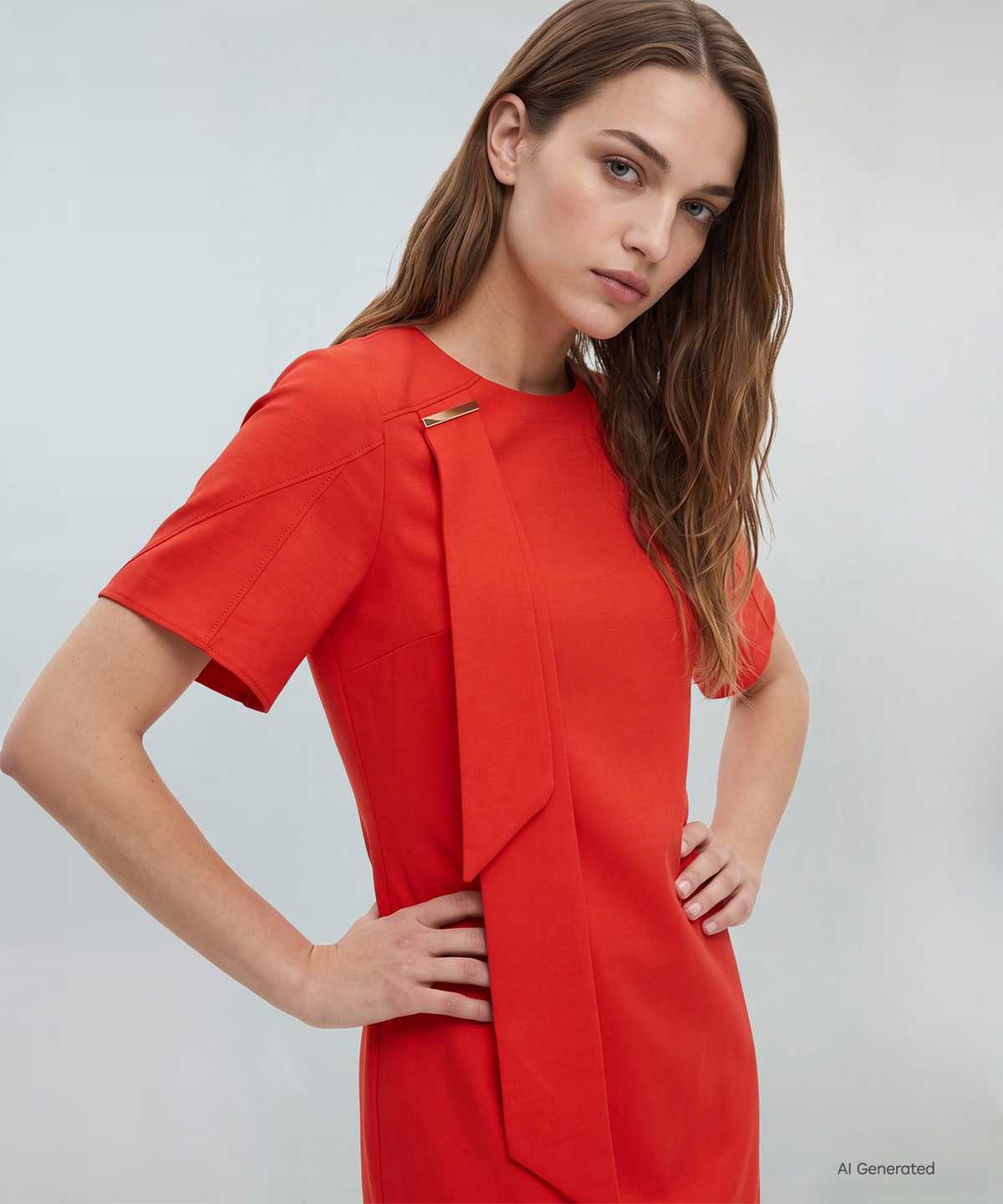 Linen Blend Scarf Neck Dress