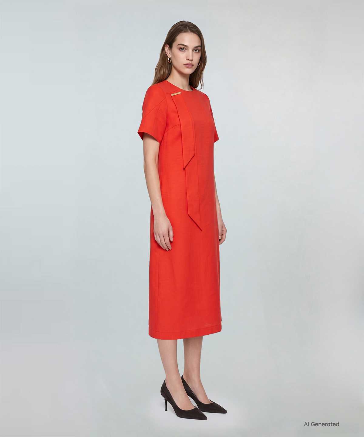 Linen Blend Scarf Neck Dress