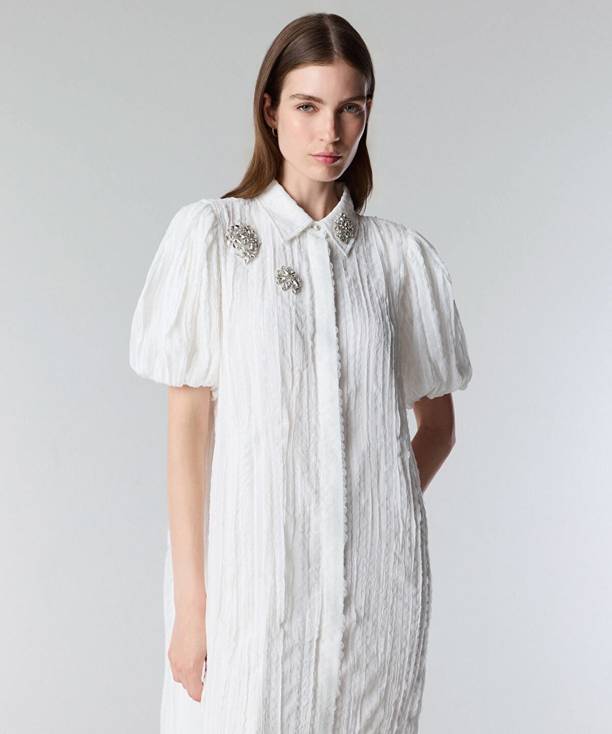 Crinkle Effect Embroidered Dress