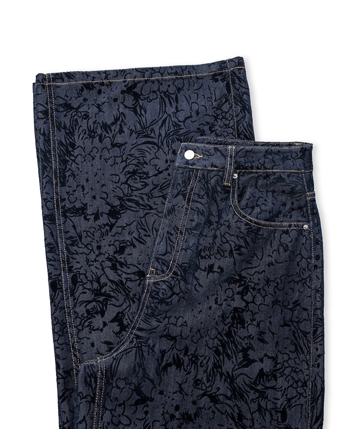 Flock-Printed Denim-Effect Trousers
