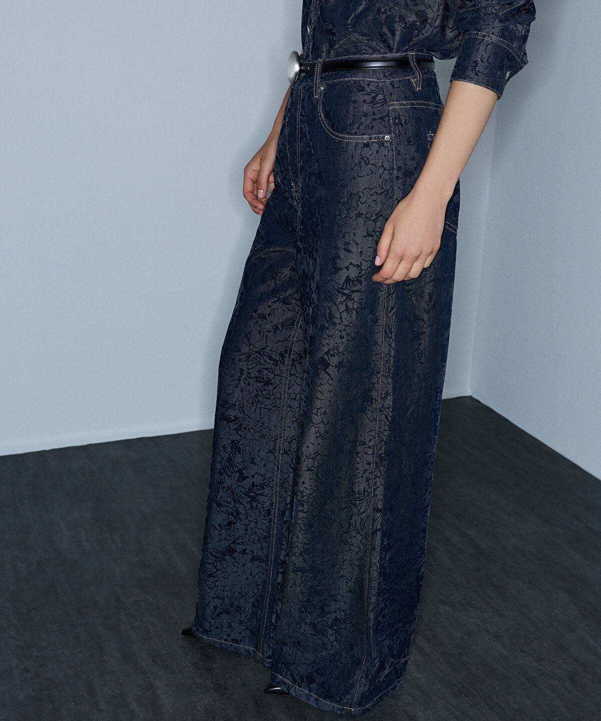 Flock-Printed Denim-Effect Trousers