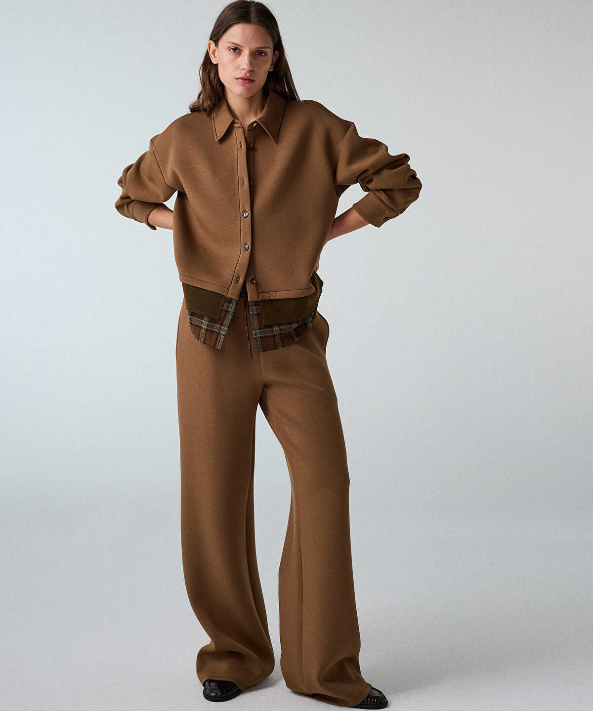 Plaid-Waist Wide-Leg Trousers