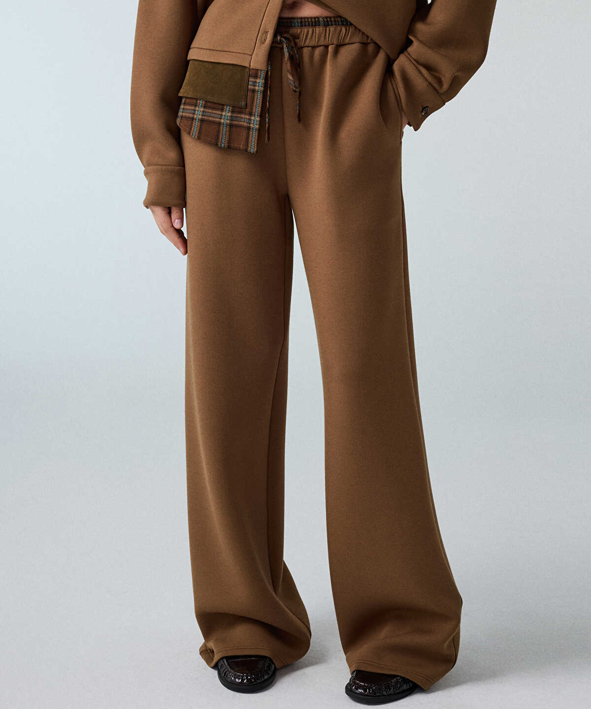 Plaid-Waist Wide-Leg Trousers