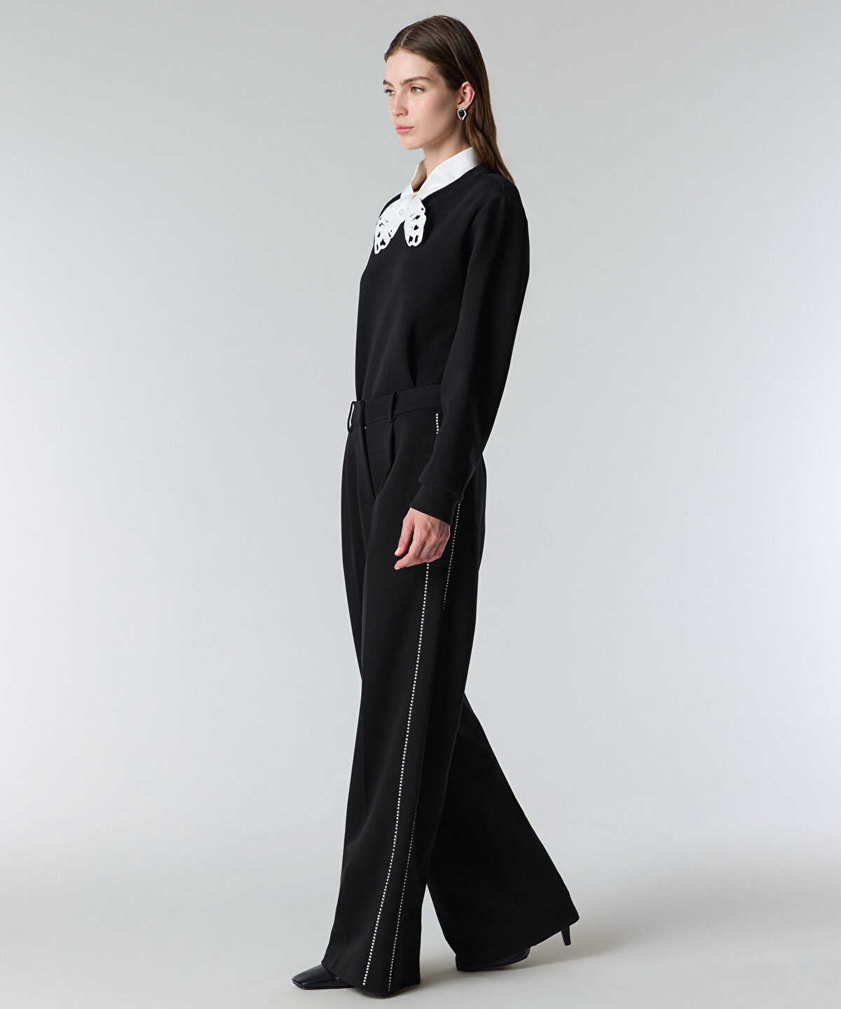 Faux-Pearl Trim Wide-Leg Trousers